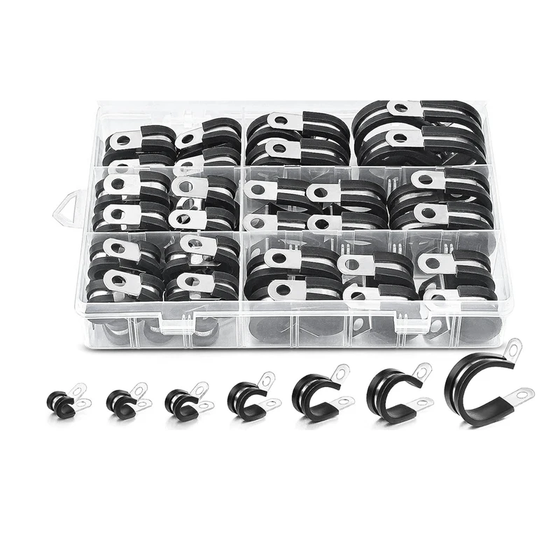 

60Pcs Cable Clamps Assortment Kit, 304 Stainless Steel Rubber Cushion Pipe Clamps R-Type Hose Clamp 7 Sizes Durable