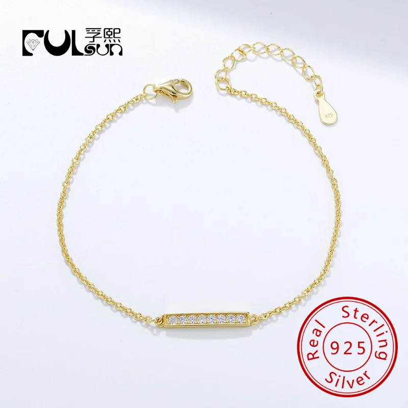 

fulsun Wholesale simple bar Chian Bracelet for Female girls fashion Minimalist 925 sterling silver gold plated cubic zirconia