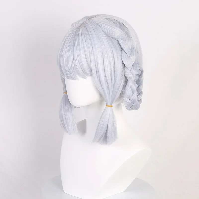 Kamisato Ayaka Anime Cosplay Wig Silvery White With Bangs Synthetic Braided Hair Short Straight Wig Cute Girl Comic-Con Coser