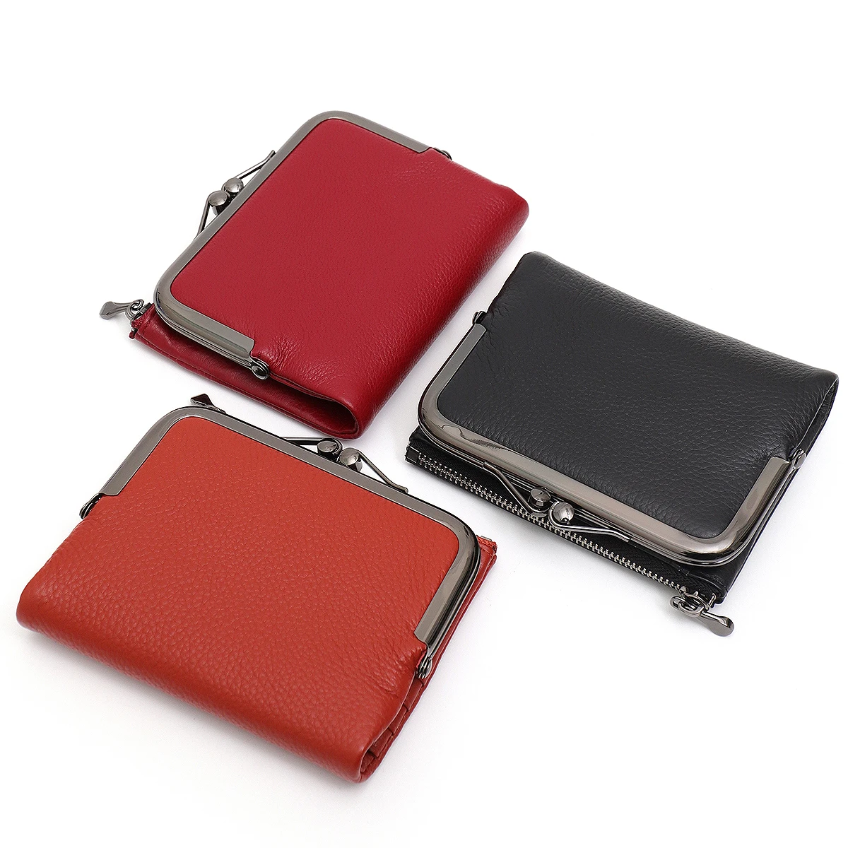 SC Women Fashion Genuine Leather Bifold Short Wallet Luxury Kiss Lock Multi Slots Card Holders Cash Coin Purse Portable Daily ﻿