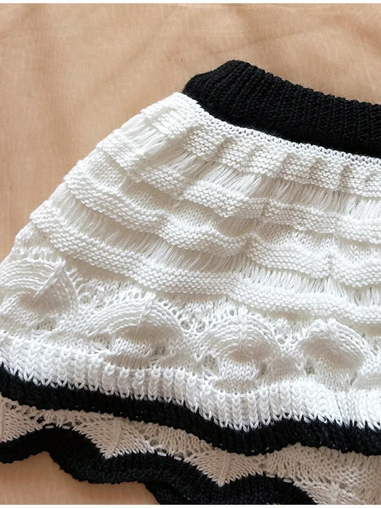 Set Rok Atasan Rajutan Seksi Wanita Atasan Pelangsing Punggung Terbuka Tanpa Lengan Leher V Dalam Rok Dua Lapis A-line Pakaian Pantai Musim Panas