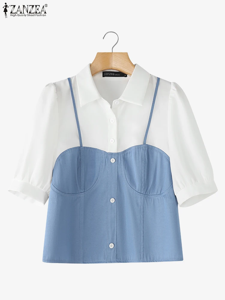 ZANZEA المرقعة قمصان دنيم المرأة بلوزات الصيف فضفاضة غير رسمية 2025 موضة وهمية 2 قطعة Blusas الإناث بدوره إلى أسفل طوق تونك