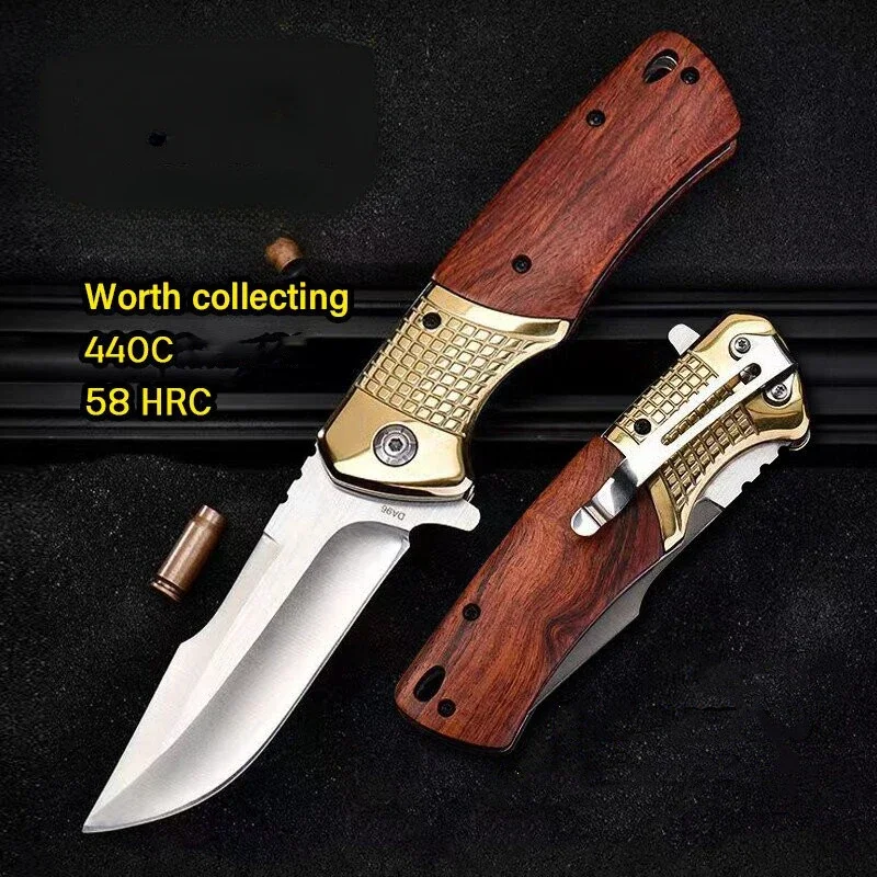 BK DA96 Pocket Folding Knife 440C Blade Wood Handle Easy To Carry Hunting Tactical Self Defense Gear Tools for Men