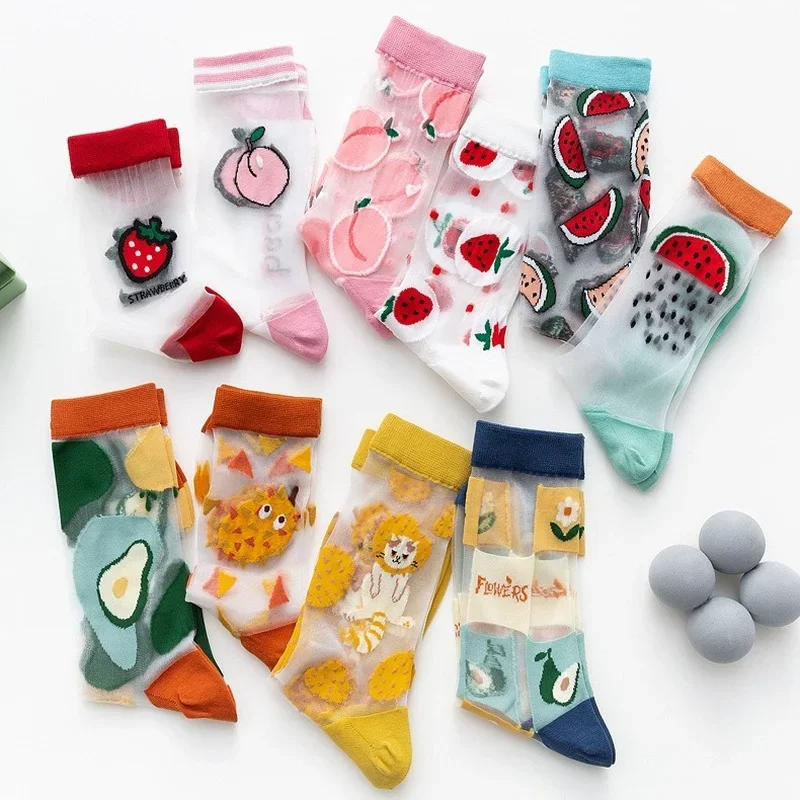 Hot Fashion Fruit Embroidery Crystal Silk Socks Women High Quality Summer Thin Transparent Woman Socks Harajuku Glass Silk Socks