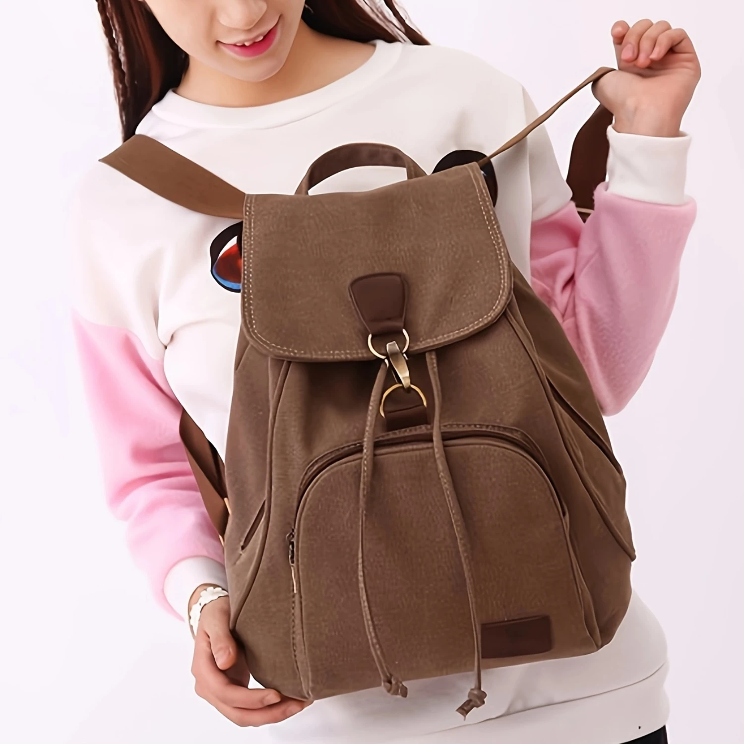 

Canvas Drawstring Backpack Purse for Women Small Vintage Rucksack Multi-Pocket Laptop Daypacks for Travel Shopping Work Outdoor