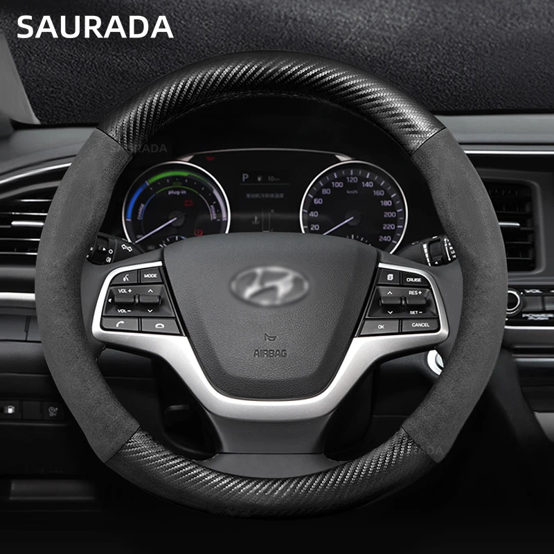 Upgrade Carbon Fiber Suede, Car Steering Wheel Cover, for Hyundai Veloster 2011 2012 2013 2014 2015 2016 2017 2018 Auto Parts