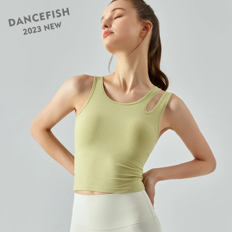 

DANCEFISH 2023 Chic Unique Hollow Asymmetric Top Removable Pads Rib Rayon Comfortable Sportwear Daily Jogging Workout Yoga Vest