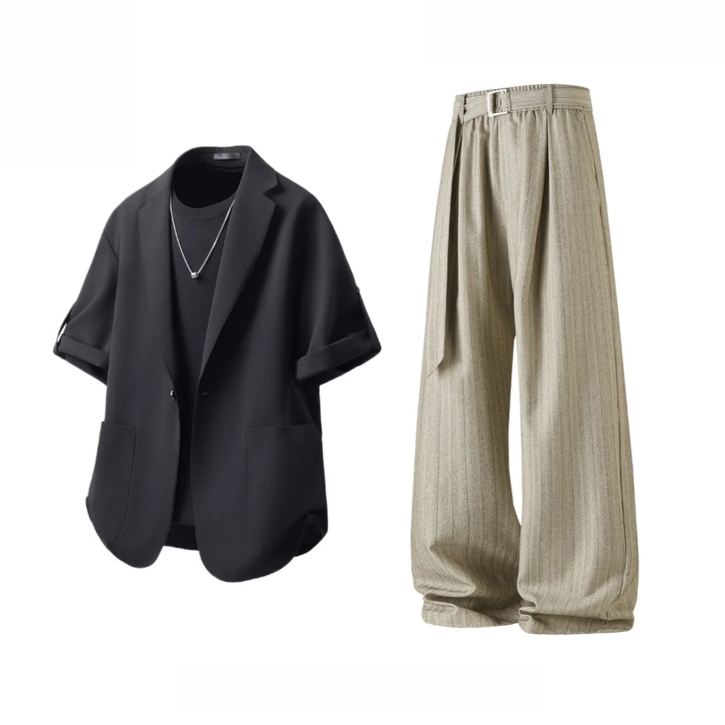 Black suit + khaki trousers