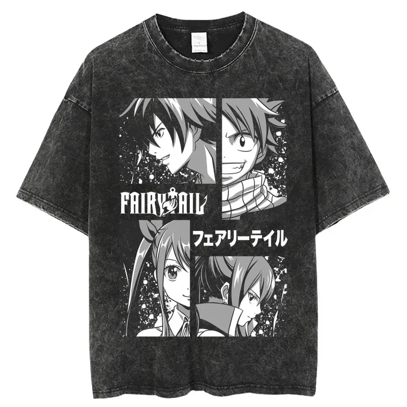 Camiseta de Anime Fairy Tail Vintage Lavada de Verano 2026, Unisex, Oversize, Estilo Urbano, Algodón, Manga Corta, Tops Casuales para Hombre y Mujer