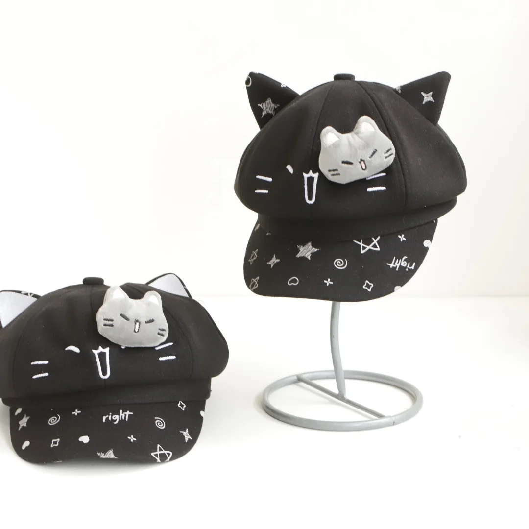 2026 Cute Cat Ear Octagonal Hat Subculture Star Cat Paw Retro Landmine Beret Women's Painter Hat Y2K Accessories