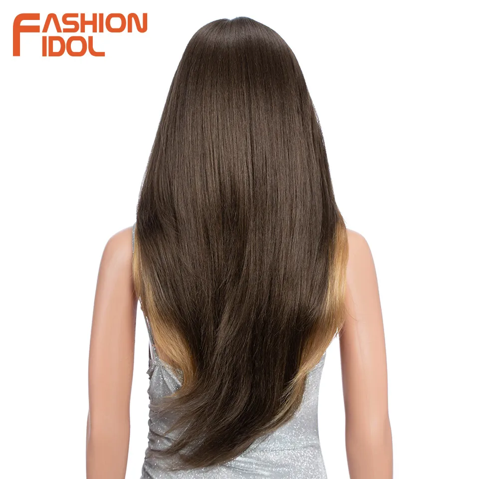 FASHION IDOL 26 Inch Long Straight Lace Front Wig Synthetic Hair Ombre Black Cosplay Wig Heat Resistant Synthetic Hair