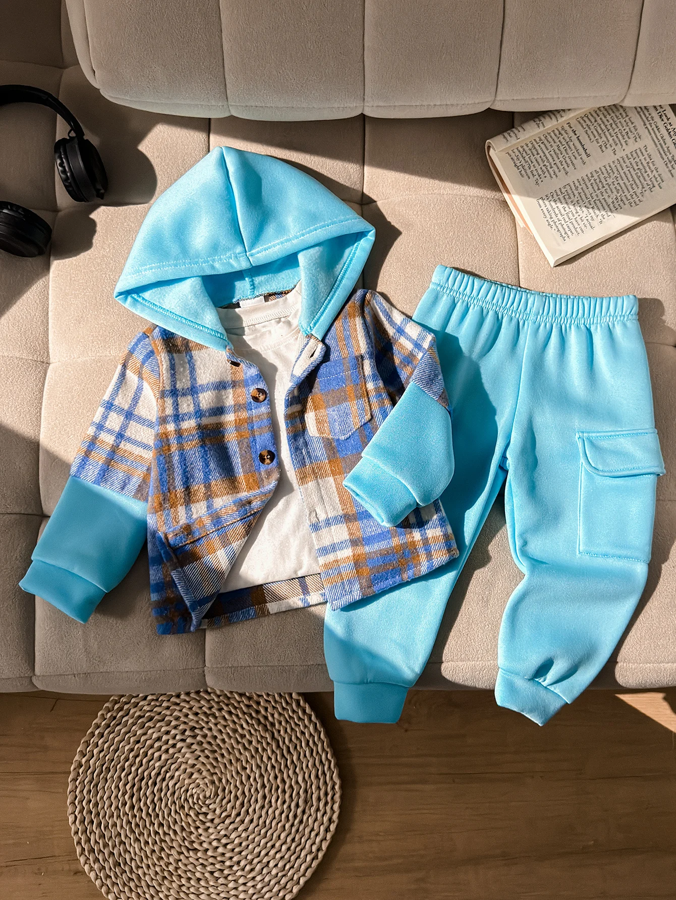 

Baby Boy Spring Autumn Plaid Hooded Jacket And Blue Sports Pants Set Infant Boys Outfit with Hat