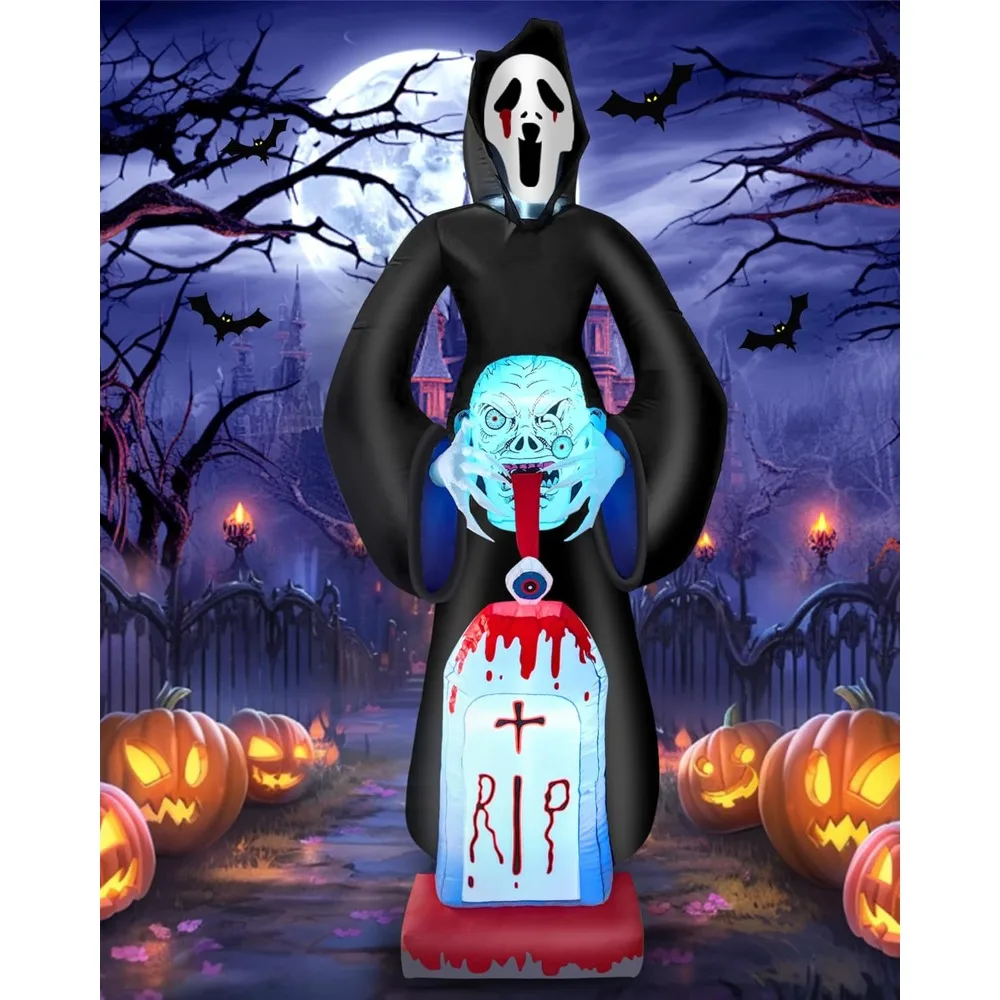 

9FT Halloween Inflatables Horror Ghost Holds a Monster's Head with Glowing Tombstone Outdoor Decoration, Build-in LED