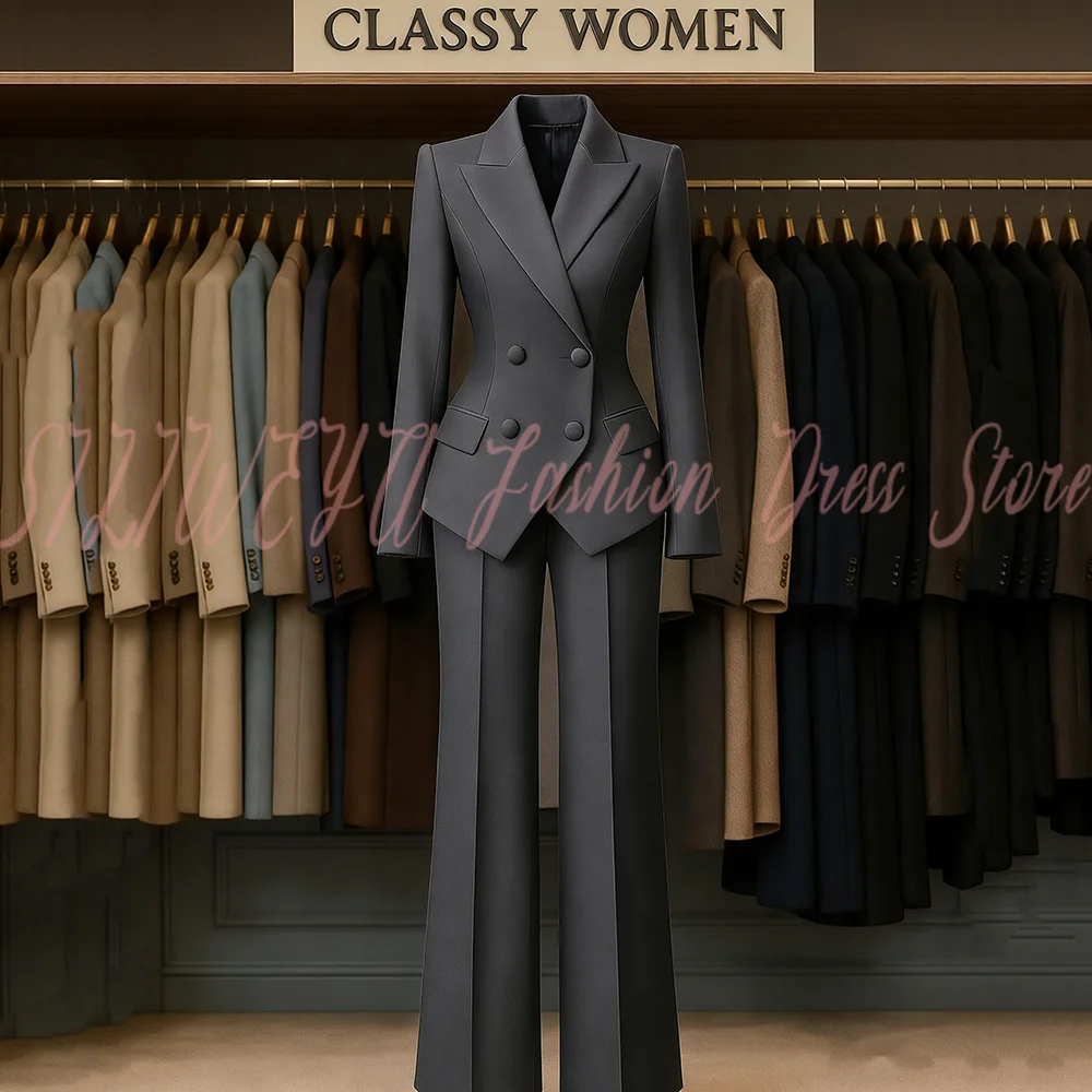 

Customized Grey Women's Suit 2 Pieces Set Double Breasted High-end Fashion Trousers Trajes De Mujer Elegante Jacket+Pants