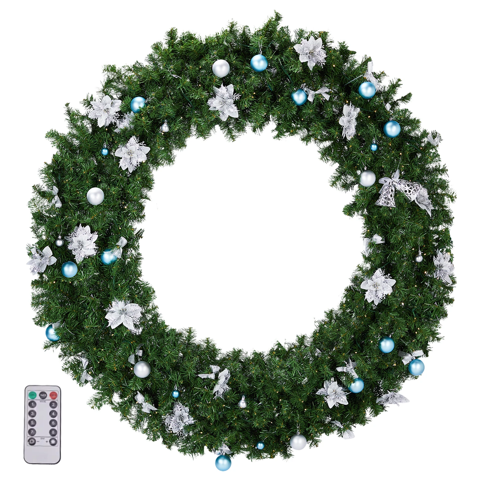 60in Pre-lit Christmas Wreath, Light Green Artificial PVC Wreath with 600 Branch Tips, 220 LED Cold & Warm White Lights, 11 Lighting Modes, Remote Control, Bells & Blue Silver Ornaments, Front Door Wall Holiday Decor