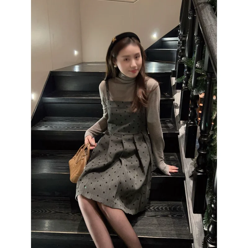 

Ay жилет в горошек с ремешком на талии, длинный комплект, винтажный насыщенный женский костюм из двух предметов для девочек