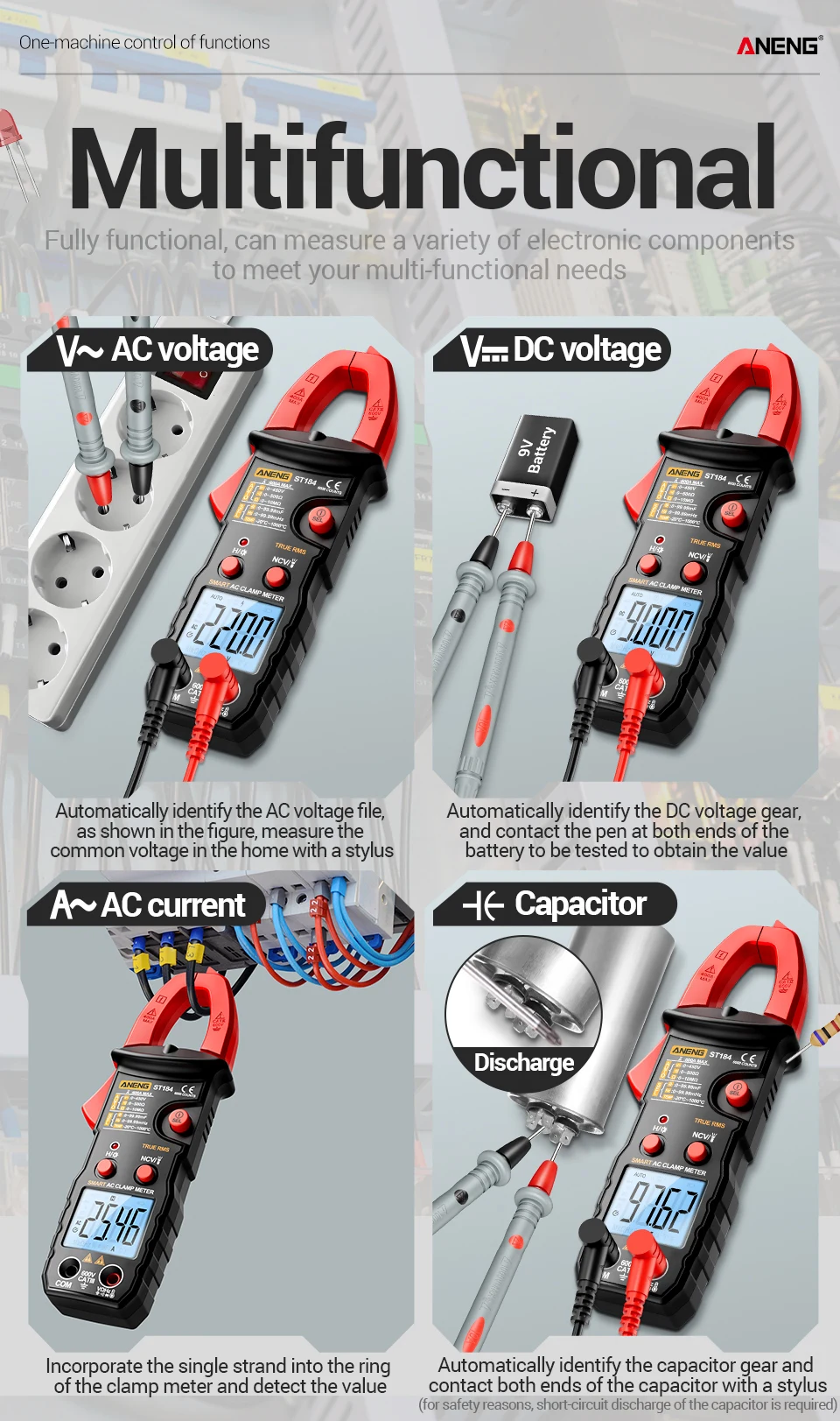 ANENG ST184 Digitalmultimeter, Zangenmessgerät, True RMS 6000 Zählungen, professionelle Messgeräte, AC/DC-Spannung, Wechselstrom, Ohm-Werkzeug – Detail 12