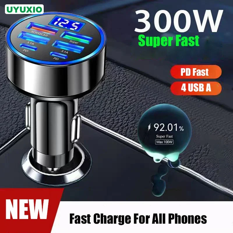 UYUXIO USB C Car Phone Charger Adapter 6 in 1 Dual PD Super Fast Charge in Car with Voltage Display for iPhone Samsung OPPO