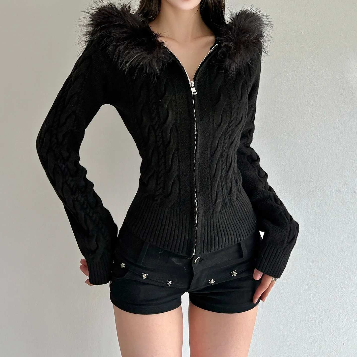 

American Retro Furry Hooded Zipper Cardigan Twist Sweater Autumn and Winter Slim Waist-hugging Short Hot Girl New Jacket