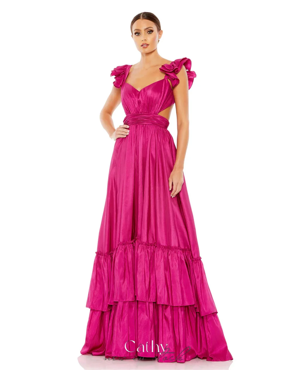 

Cathy V-neck Satin Prom Dresses Cascading Ruffle A-line فساتين السهرة Elegant Sleeveless Floor-Length vestidos verano moda 2024