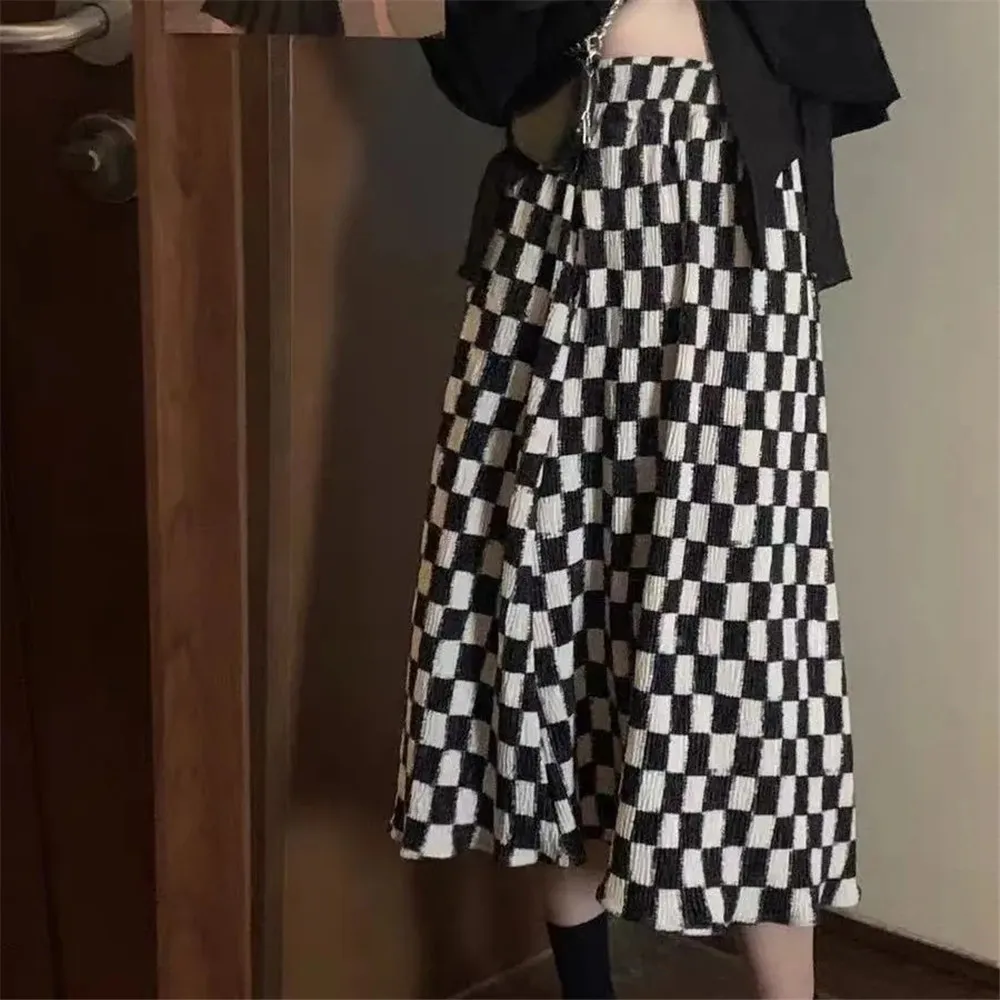 

Checkerboard Plaid Long Skirt Women High Waist Pleated Skirt Sweet E Girls Preppy Midi Skirts Elegant Slim 2022 Dance Streetwear