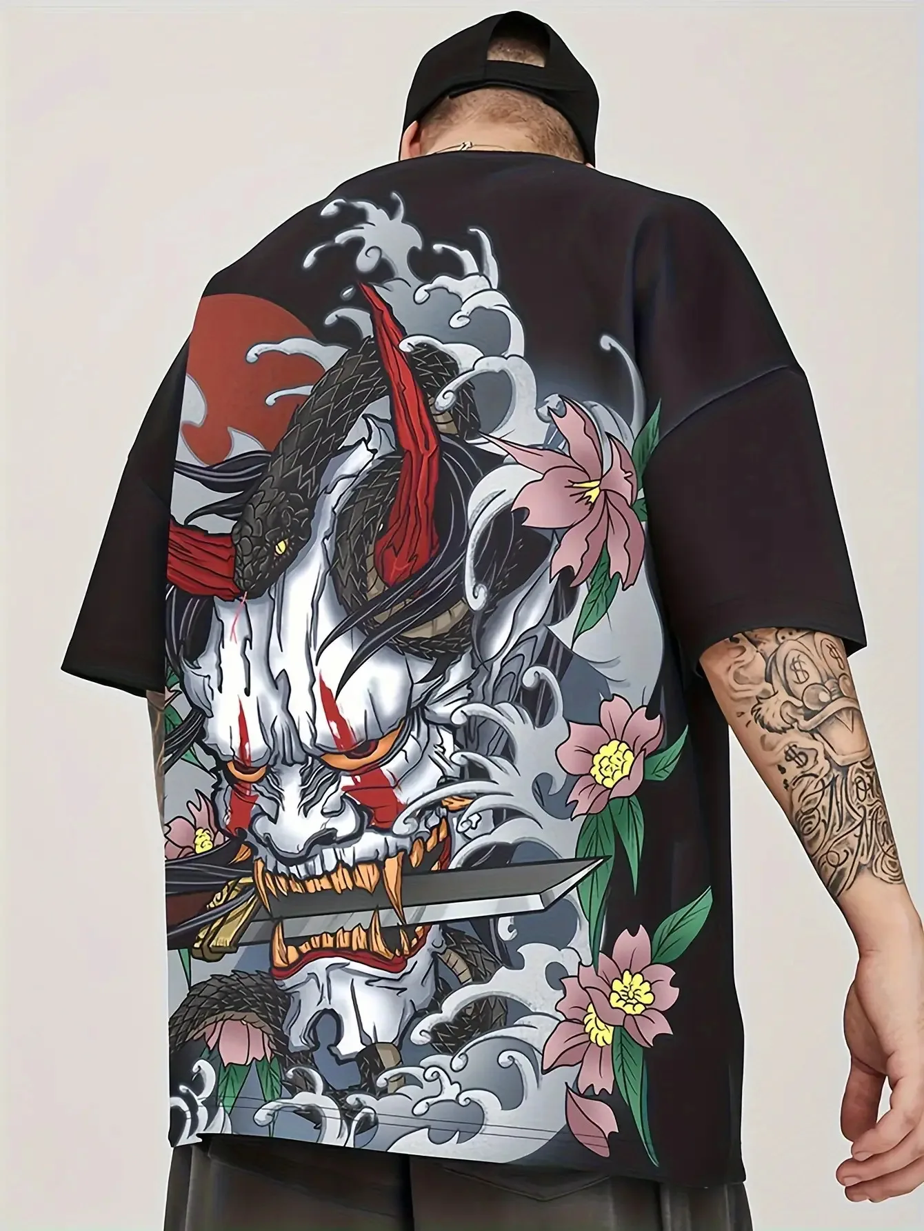 Adult and Children's Dark Japanese Style Prajna Ghost Face Snake Pattern Ukiyo-e 3D Printed Loose T-shirt Breathable Top