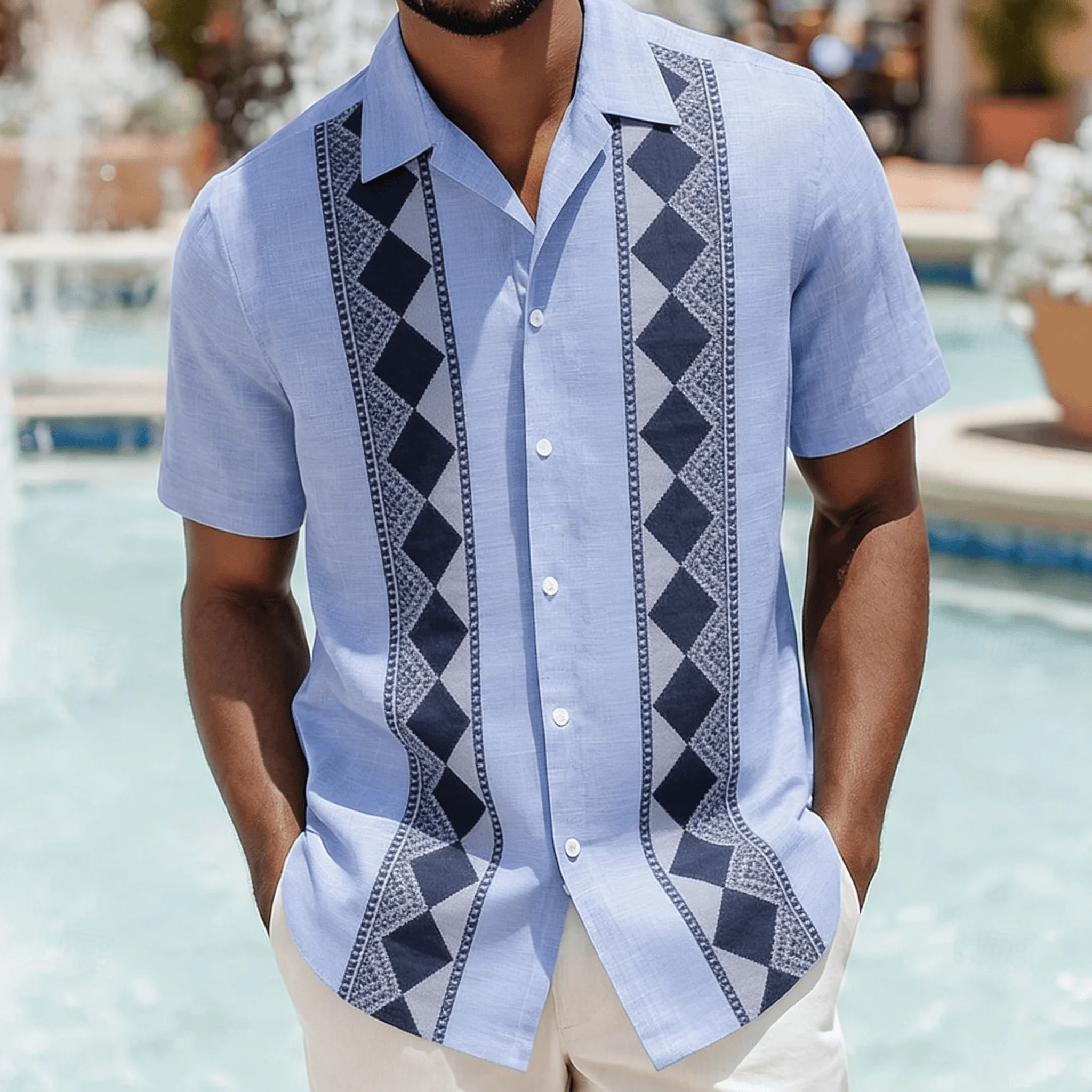 

Men's Light Blue Geometric Embroidery Short Sleeve Shirt, Spring Summer Minimal Luxury Casual Top, Pocket Lapel Style