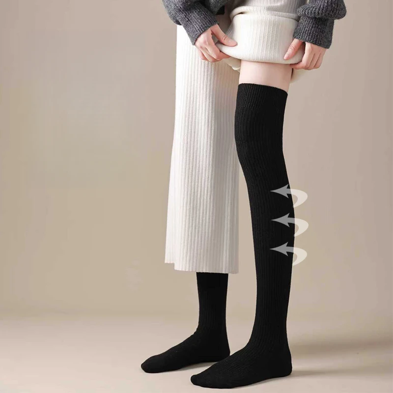 Autumn Winter 100% Wool Over-the-Knee Women's Socks Simple Warm Seamless 60CM Knitted Long Socks Solid Color Comfortable