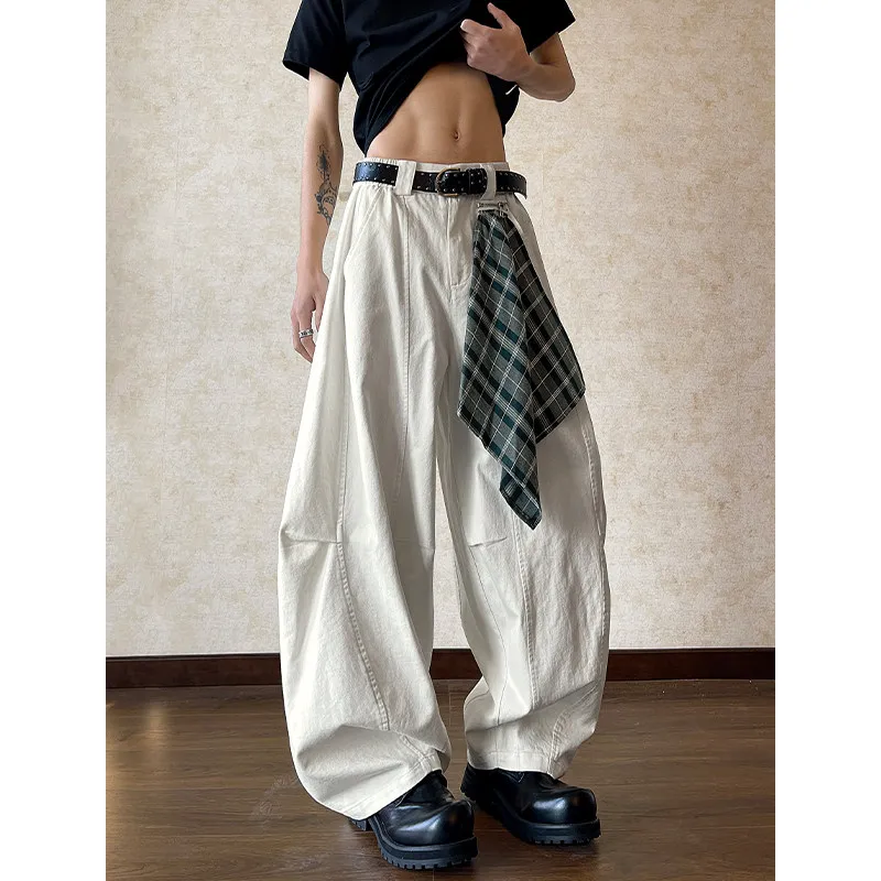 

American High Street Detachable Scarf Knife Wide Leg Straight Cut Jeans Men's Retro Design Casual Pants Cotton Blend Spring Wear