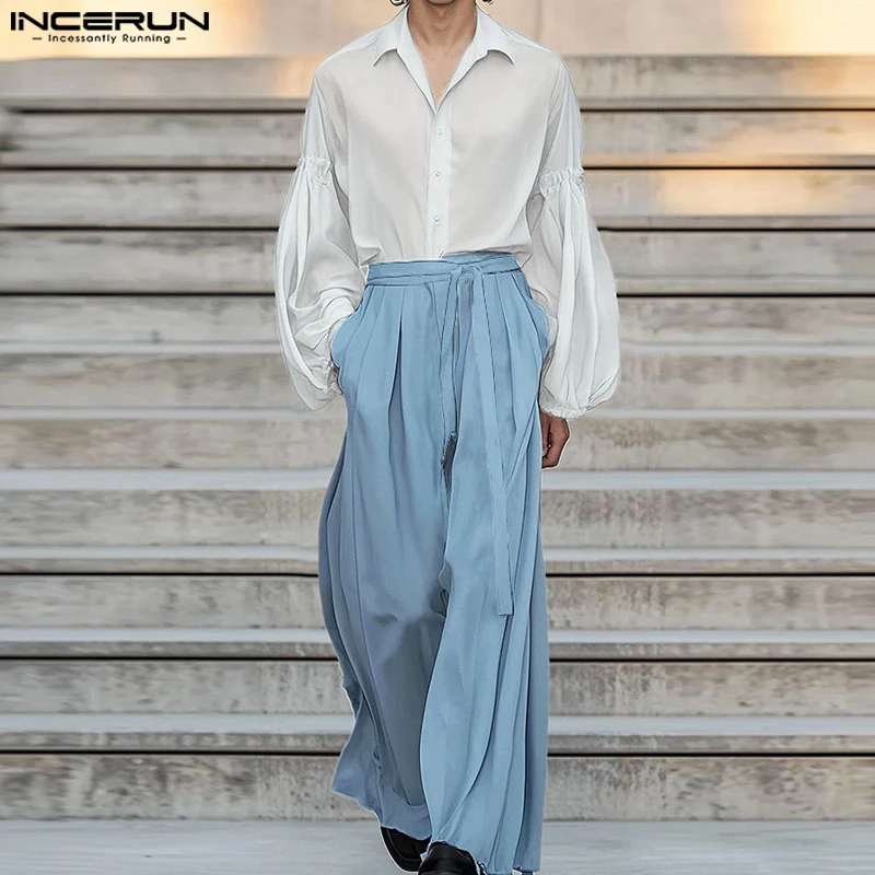 INCERUN Männer Sets Solide Durchsichtig Langarm Plissee Hemd & Hosen Zwei Stücke Sets Streetwear Lose Sexy männer Casual Anzüge