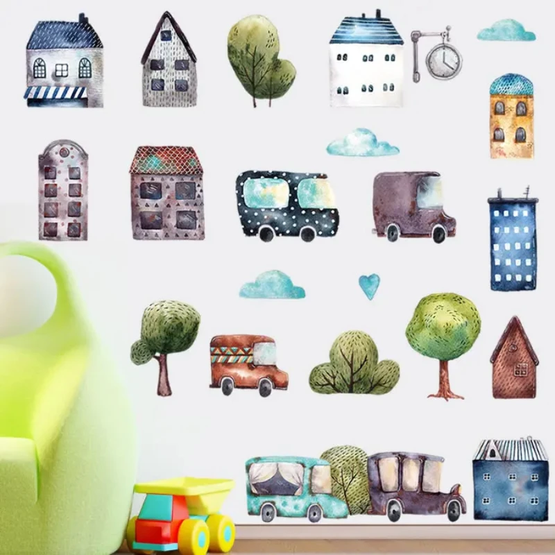 50/90cm Vintage Car Town Wall Stickers Boy Gift for Kindergarten Classroom Cartoon Cars Children Room Sticker Home Decor