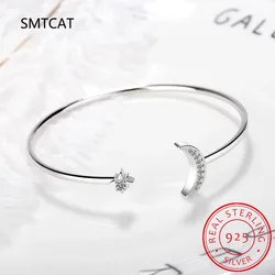 Original and Pure 925 Sterling Silver Moon Star Adjustable Bracelet Moissanite Cuff Bangles For Women Fine Jewelry
