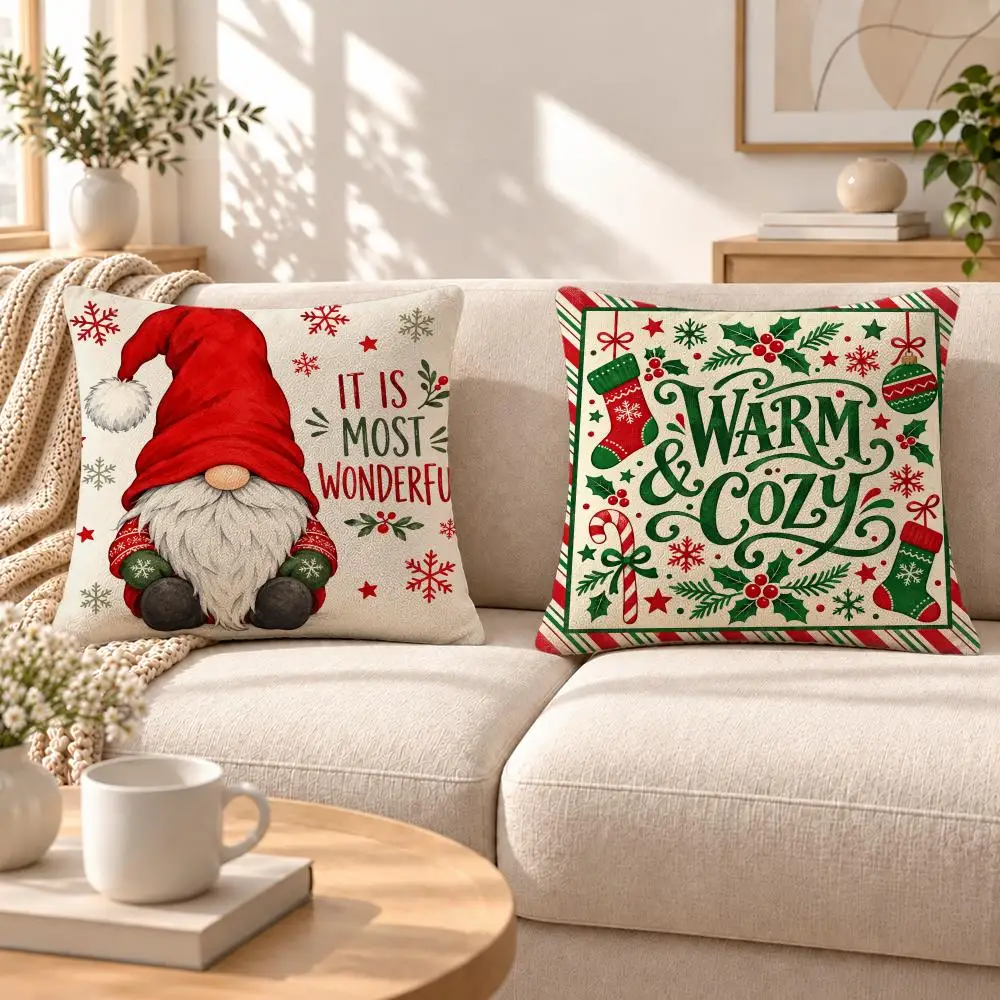 Holiday Rustic Cartoon Christmas Collection Cushion Cover Soft Short‑Plush Pillowcase, Sofa Bedroom Home Decor, Holiday Gift