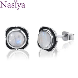 Nasiya Earrings Round Natural Moonstone Flower Stud Rarrings Wedding Engagement Jewelry Party Wholesale