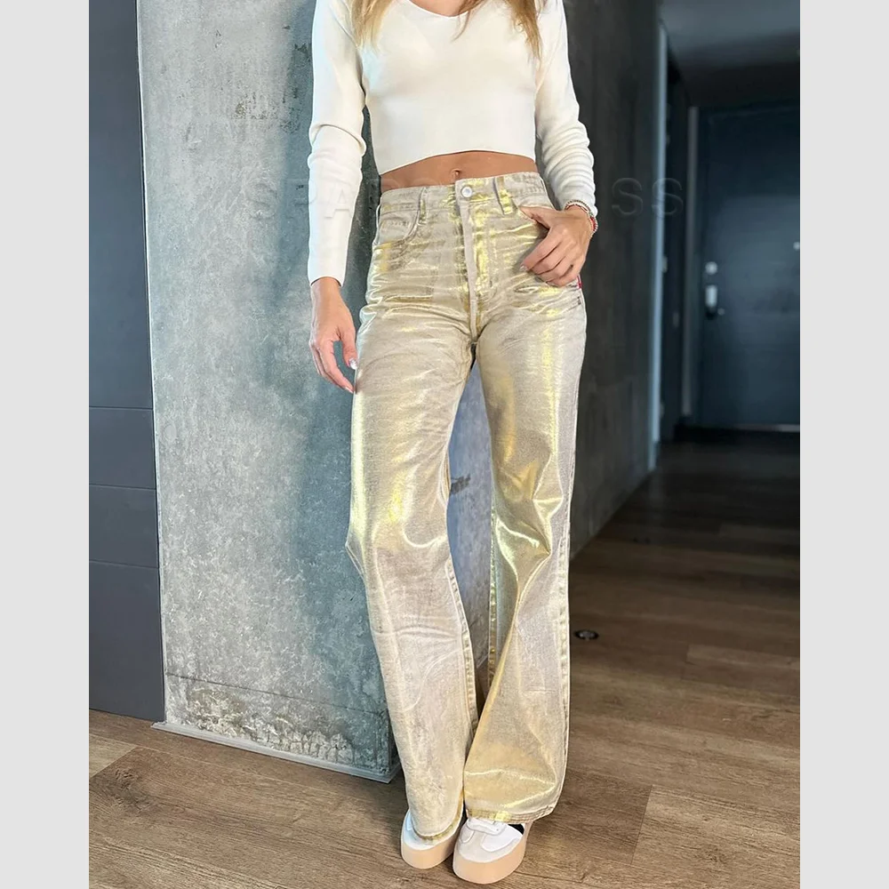 Metallic Y2K Advanced Sense Coating Casual Wide-leg Jeans Female Straight Jeans Loose Hip-hop Streetwear Oversize Denim Trousers