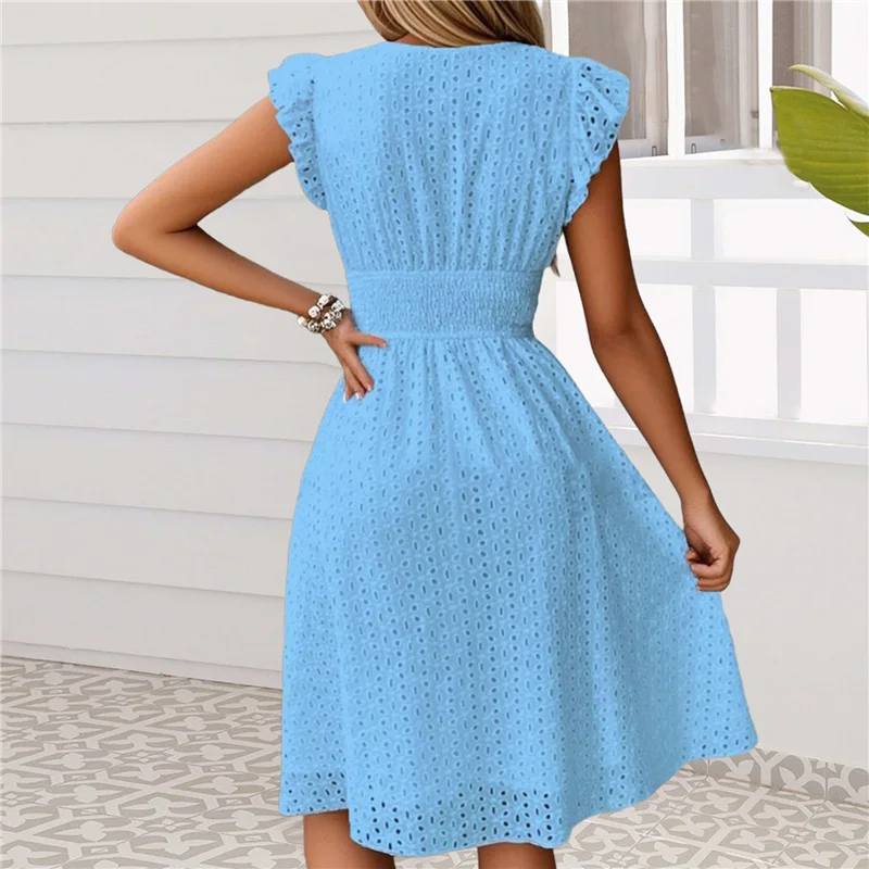NUOVO-Donna 2025Eyelet Abito da festa in vita smock con ricamo in pizzo Manica svolazzante A Line Abito lungo midi da sole
