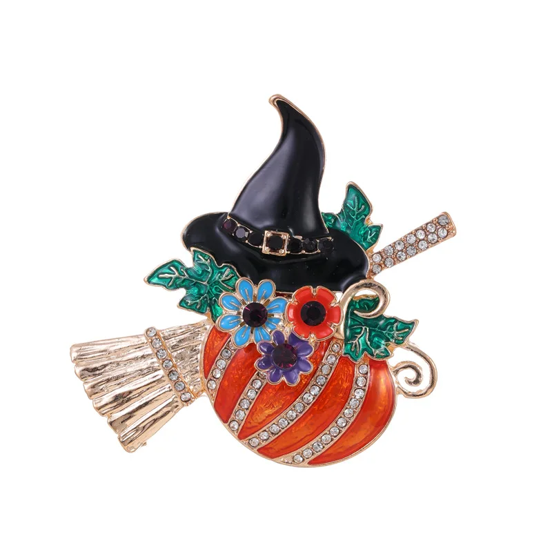 Halloween pumpkin witch with broom brooch niche explosion fashion cartoon brooch pin flying broom