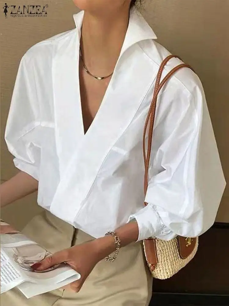 ZANZEA Fashion Deep V Neck Puff Sleeve Tunic Women Office Blouse Shirt 2024 Spring Lapel OL White Blusas Chic Sexy Stand Tops