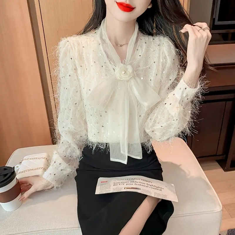 Smooth Hem Light Luxury Style Sweet and Age-reducing Strap Bow Three-dimensional Flower Tassel Sequins and Western-style Shirt