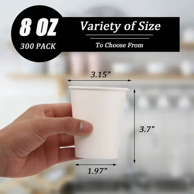 8 oz White Paper Cups, Disposable Paper Cups, Heavyduty Hot / Cold Beverage Drinking Cups for Picnic, BBQ, Travel, and Event