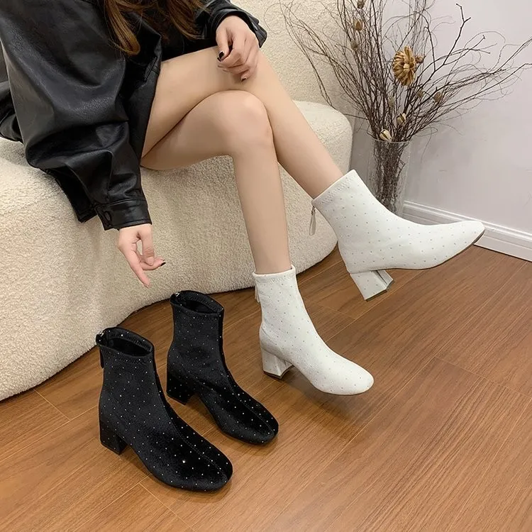 Spring and Autumn New Chunky Heel Rhinestone Ankle Boots, Performance Rhinestone High Heels