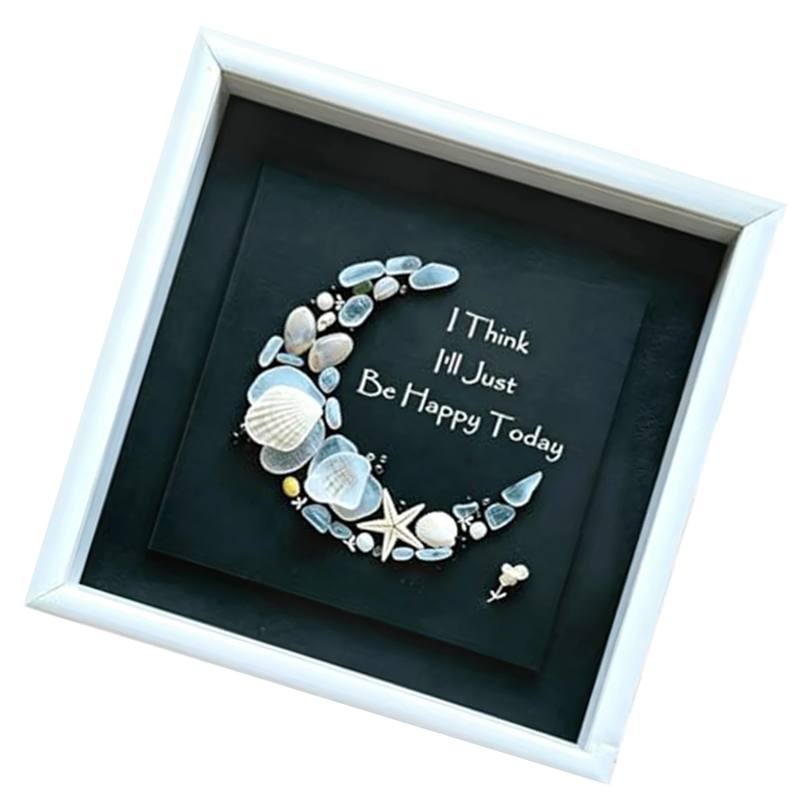 

I Think I'll Just Be Happy Today Beach Shadow Box with Framed Crescent Moon Art Coastal Quote Wall Hanging for Ocean Lover Gift