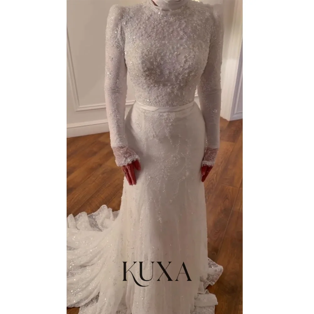KUXA Luxuriöse muslimische Brautkleider mit Hijab für die Braut, Stehkragen, lange Ärmel, Meerjungfrau, Spitze, Brautkleid, individuelle Robe de Mariée