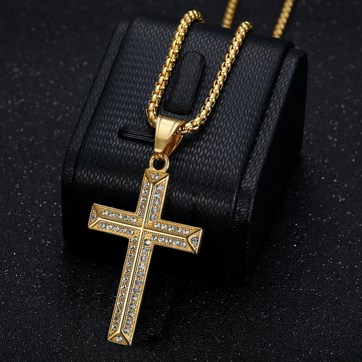 Hip Hop Iced Out Bling Ritter Kreuz Anhänger Gold Farbe Edelstahl Christian Halskette Für Männer Religiöse Schmuck Männliche Geschenk