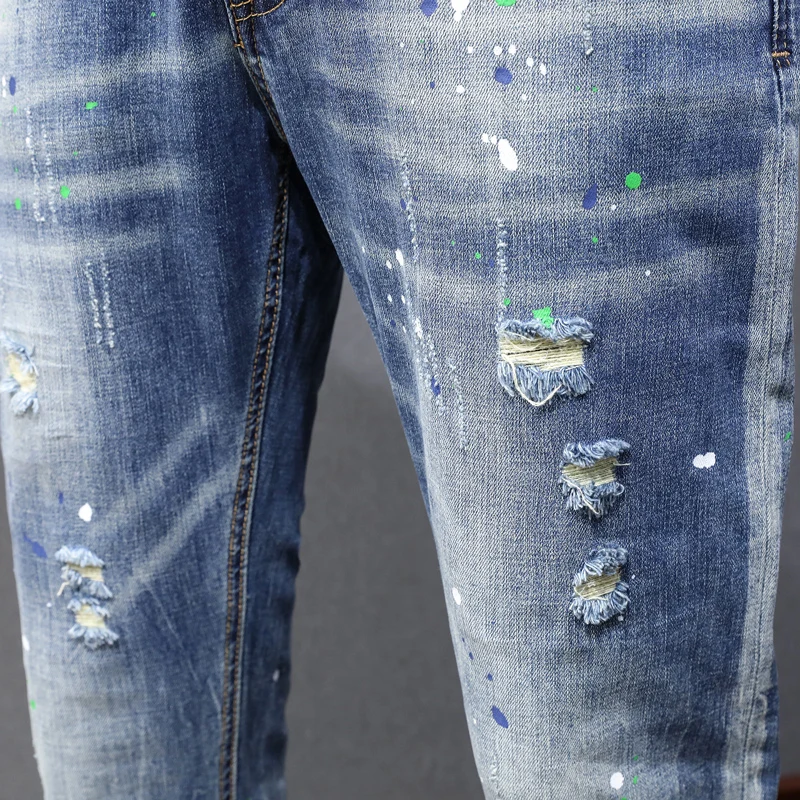 Street Fashion Men Jeans Retro Washed Blue Stretch Slim Fit Ripped Jeans Men Painted Designer Vintage Denim Pants Hombre