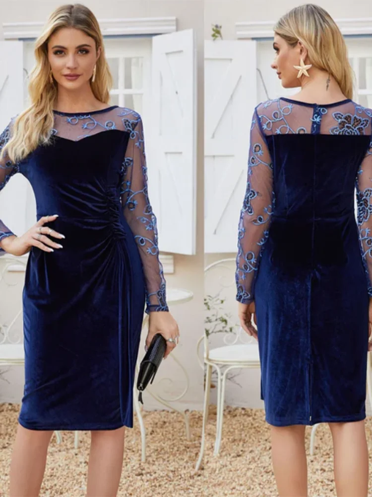 Plus Size Evening Dresses Women\'s Velvet Elegant Slim Fit Embroidered Dress Mesh Long Sleeve Party Vestidos Spring Autumn