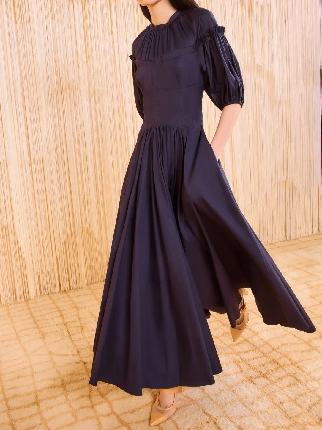 

Women Navy Blue Long Dress Ruffles Spliced Puff Sleeve Round Neck High Waist Elegant Ladies Robe
