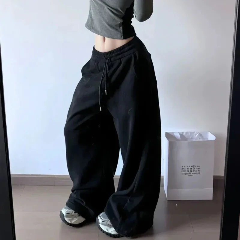 Y2K American Streetwear Women Wide Leg Pants Korean Oversized Loose All Match Sweatpants High Waist Drawstring Casual Trousers