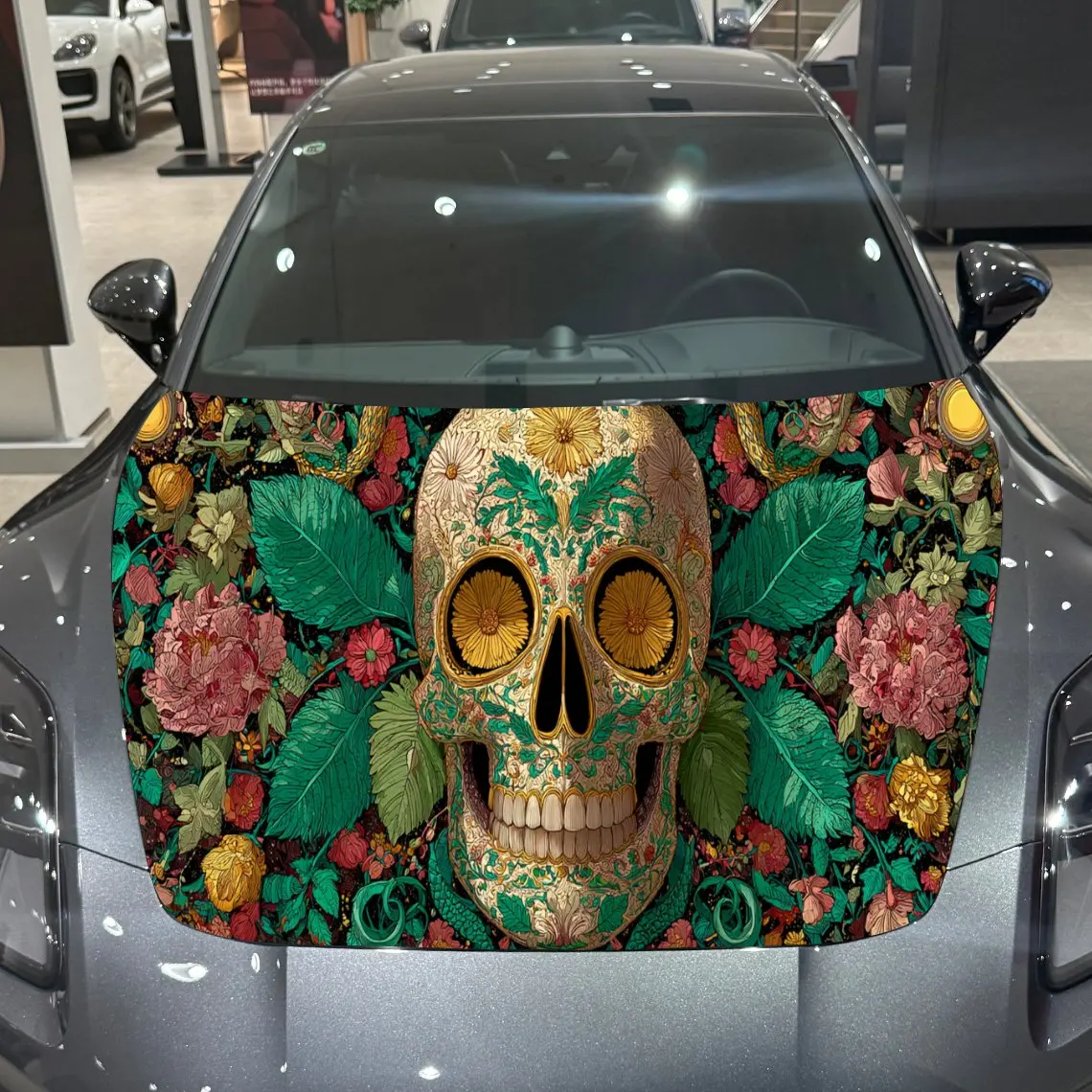 Green Leaf Flower Blossoms - Pattern Design Skull Auto Cover Sticker, Waterproof and Self-adhesive Car Hood Decal, Auto Vinyl Wr