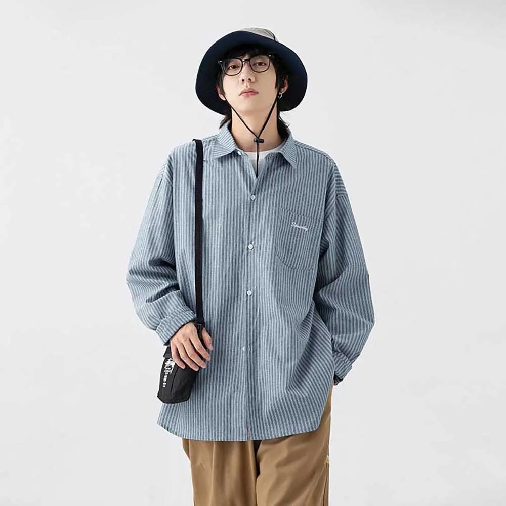 

New Fashion Autumn Oversize Shirts Men Casual Loose Baggy Full Sleeve Office Leisure Striped Outwear Clothing